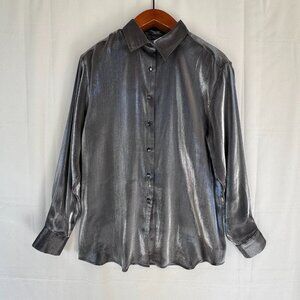 90s Vintage Karen Scott Liquid Dark Silver Long Sleeve Button Up Evening Blouse